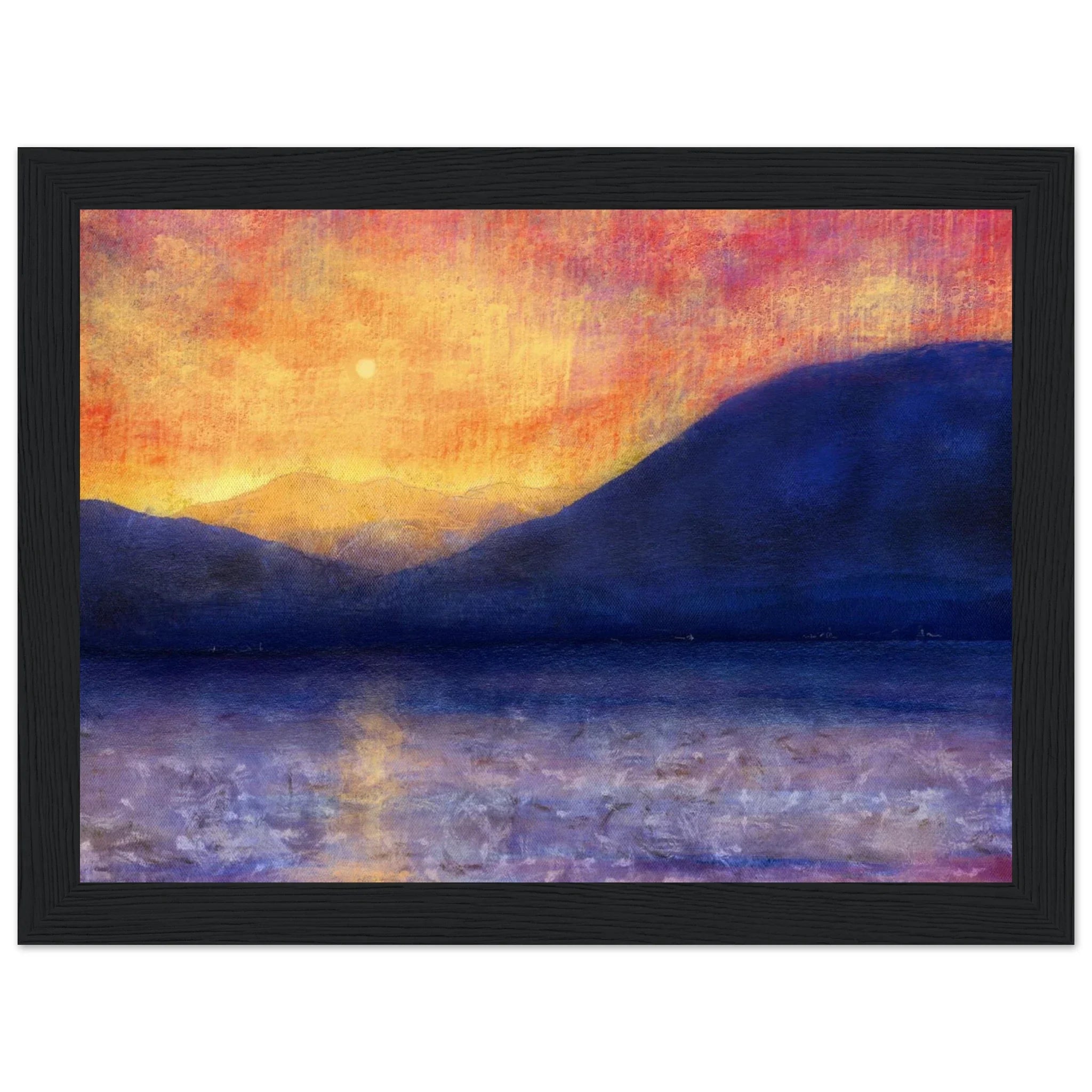 Framed abstract Sunset Approaching Mull painting of vibrant orange sunset over blue Scottish mountains reflected in calm waters