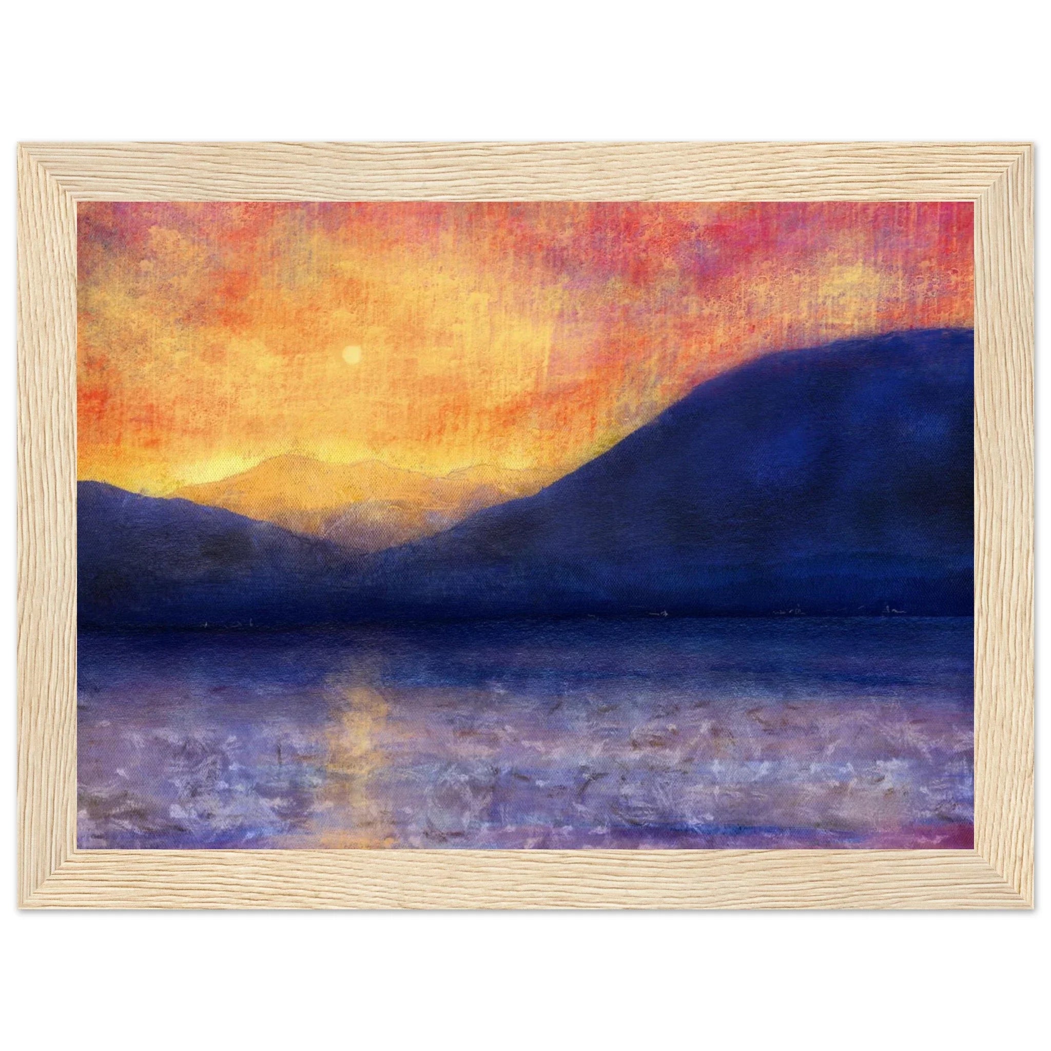 Framed Sunset Approaching Mull painting of serene Scottish mountains and water