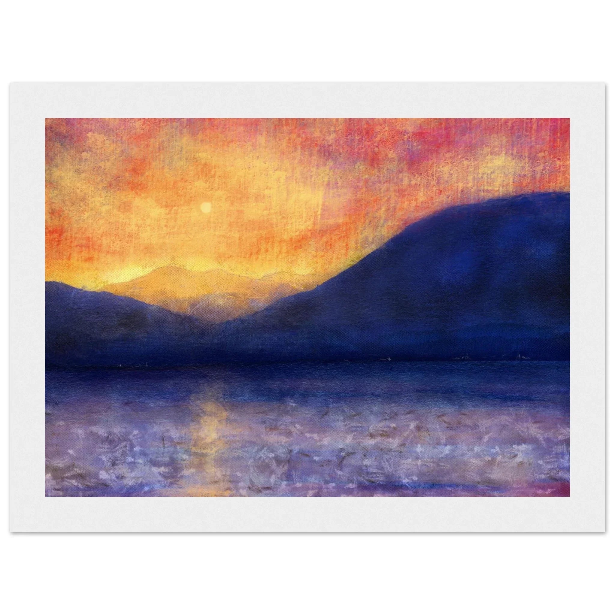 Vibrant sunset painting of Mull, Scotland, with layered mountains and reflective lake