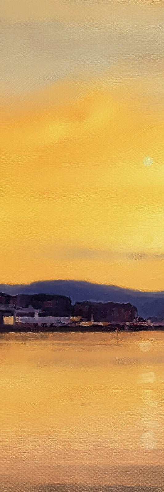 Sunset over water with hills and town in a Scottish landscape painting for Cardwell Bay wall art