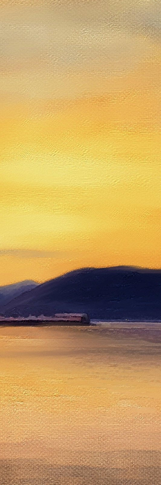 Vibrant golden-orange sunset over tranquil water with distant dark mountains in Scotland