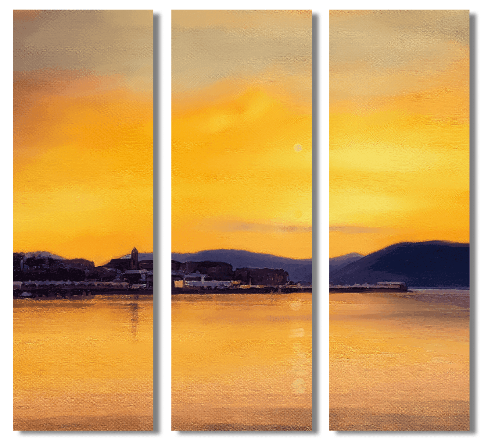 Triptych of a golden sunset over water for Sunset From Cardwell Bay wall art