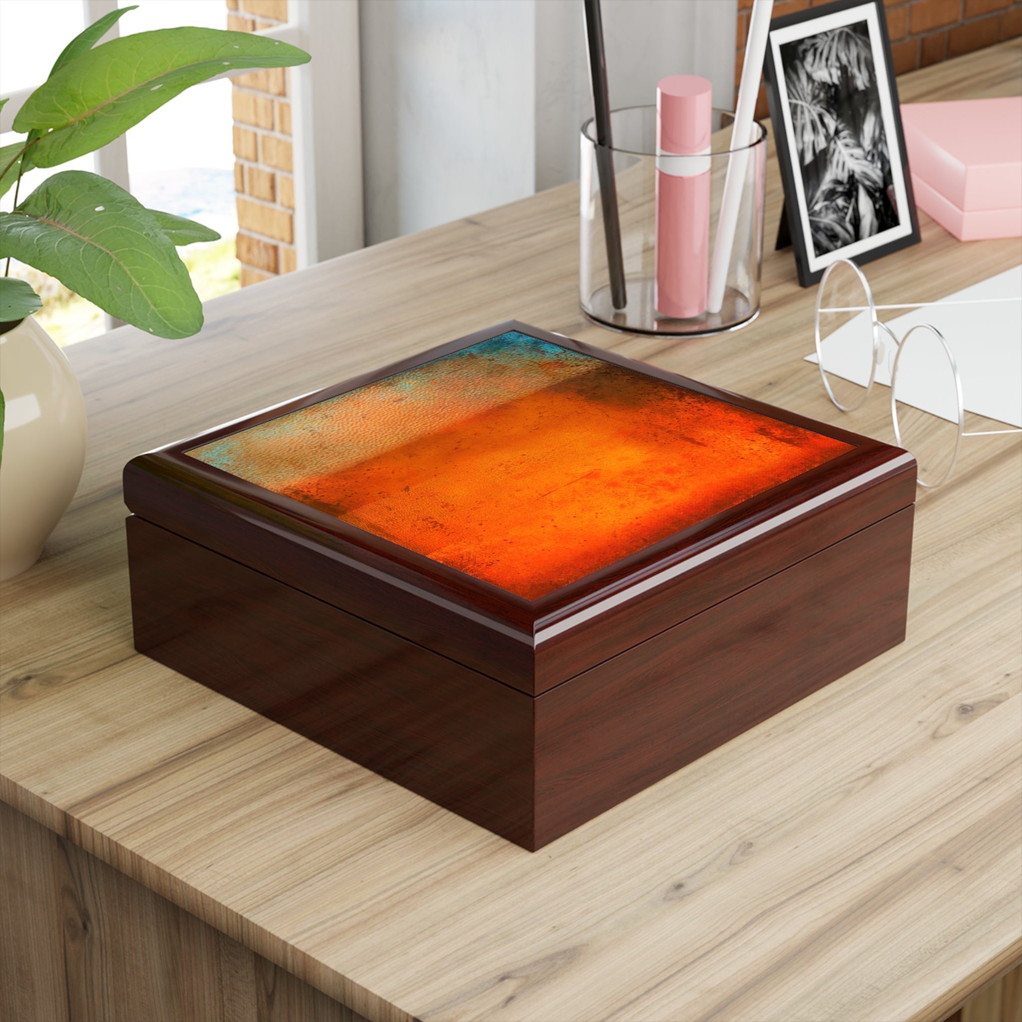 Rectangular wooden keepsake box with vibrant abstract art design on lid from Sunset Horizon Scotland