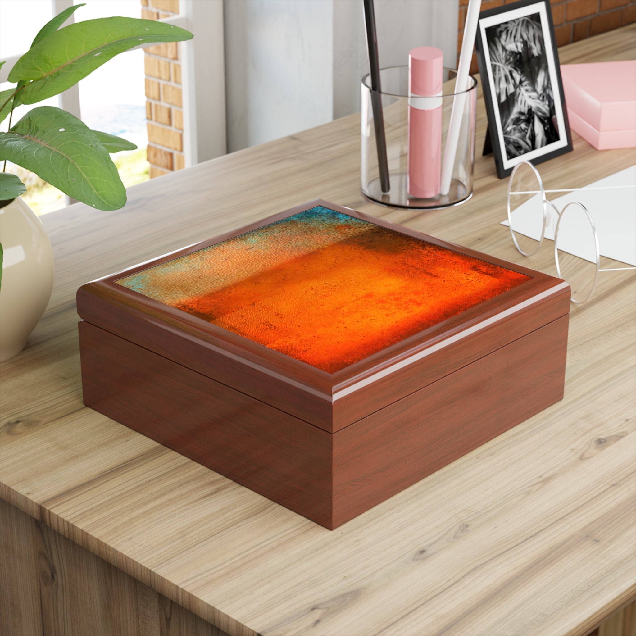 Rectangular wooden keepsake box with abstract art lid from Sunset Horizon Art Jewellery Box Scotland