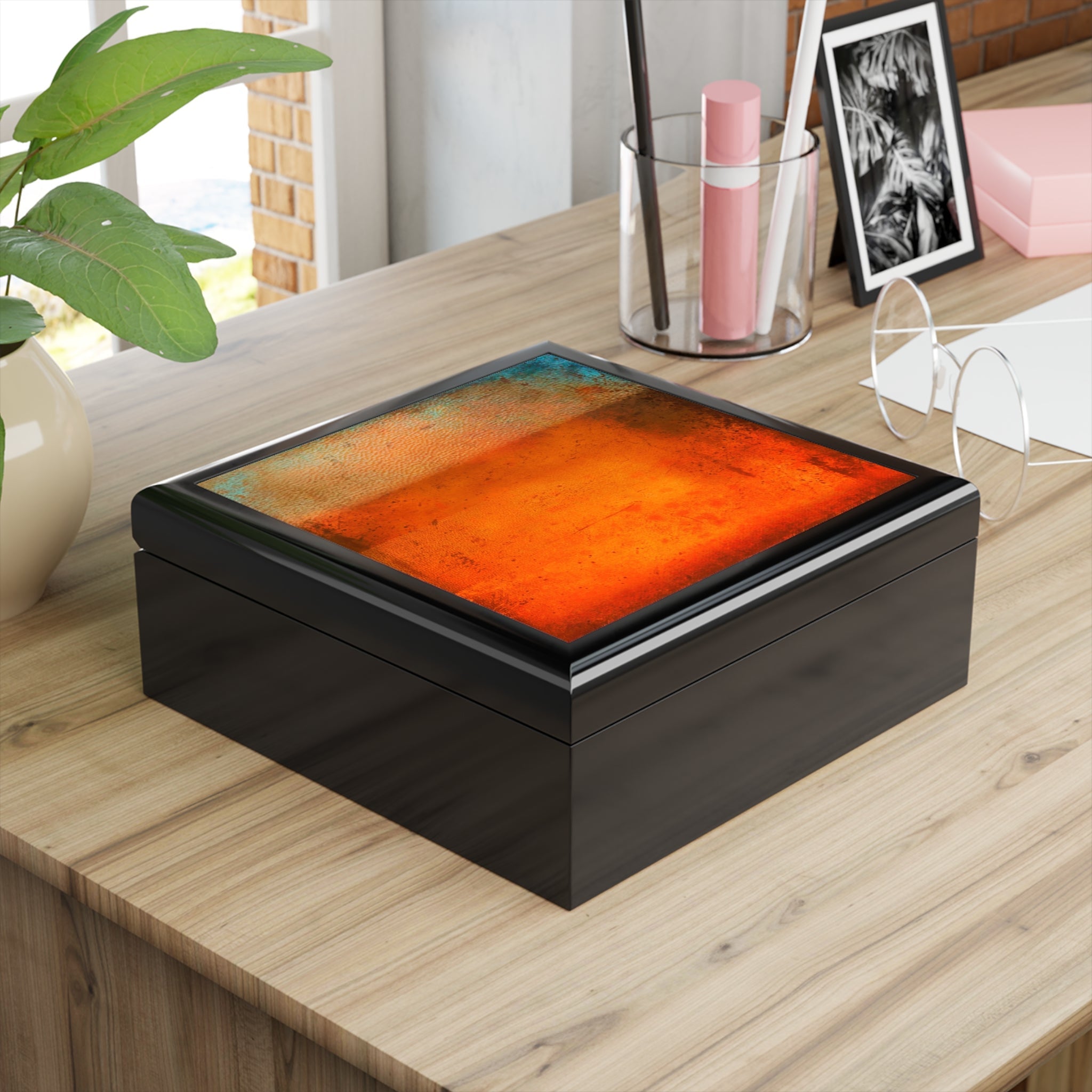 Black wooden keepsake box with colorful abstract art print lid for Sunset Horizon Art Jewellery Box Scotland