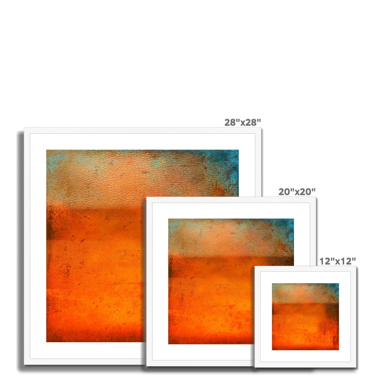 Sunset Horizon abstract art prints in white frames with orange teal textures