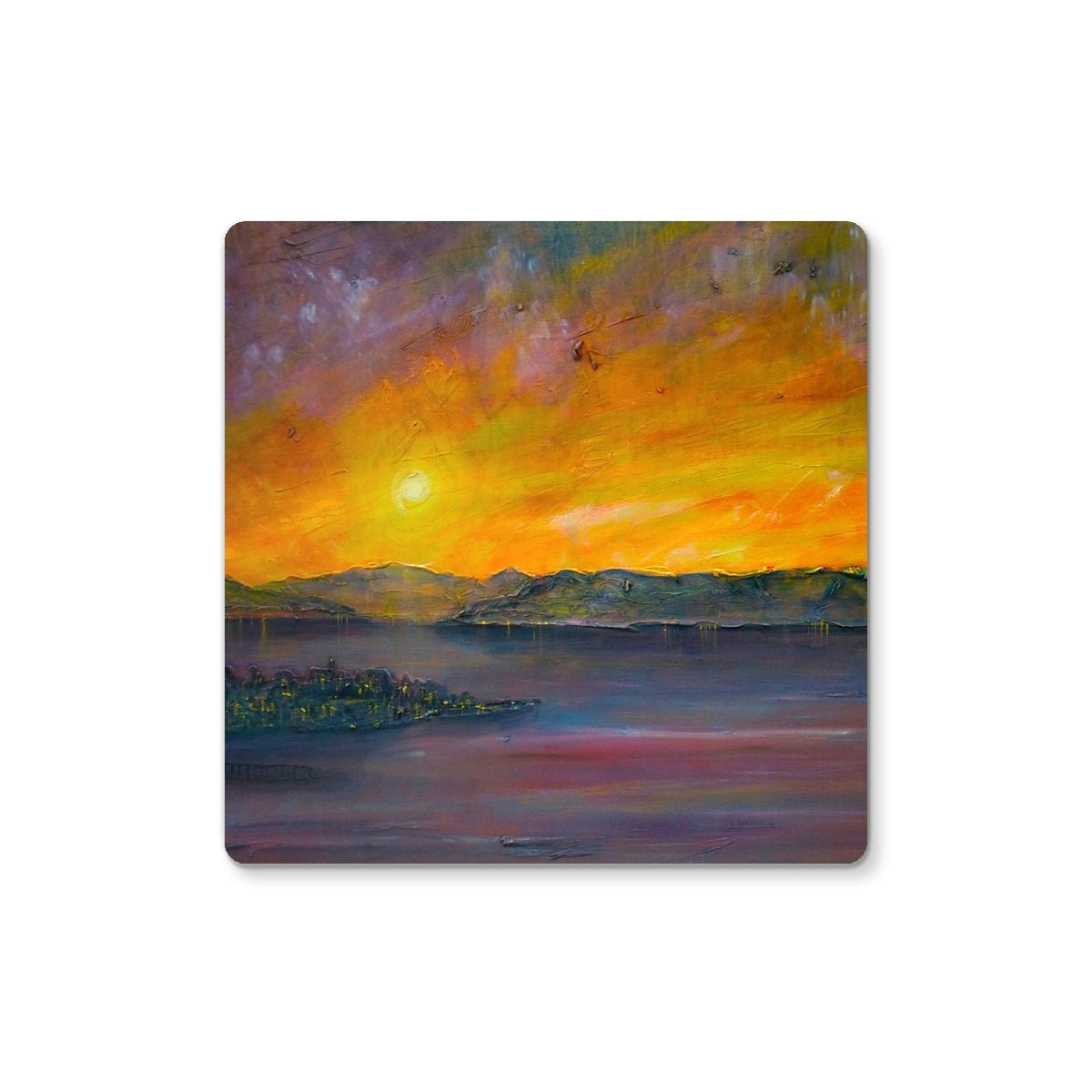 Sunset Over Gourock Art Gifts Coaster-Coasters-River Clyde Art Gallery-Single Coaster-Paintings, Prints, Homeware, Art Gifts From Scotland By Scottish Artist Kevin Hunter