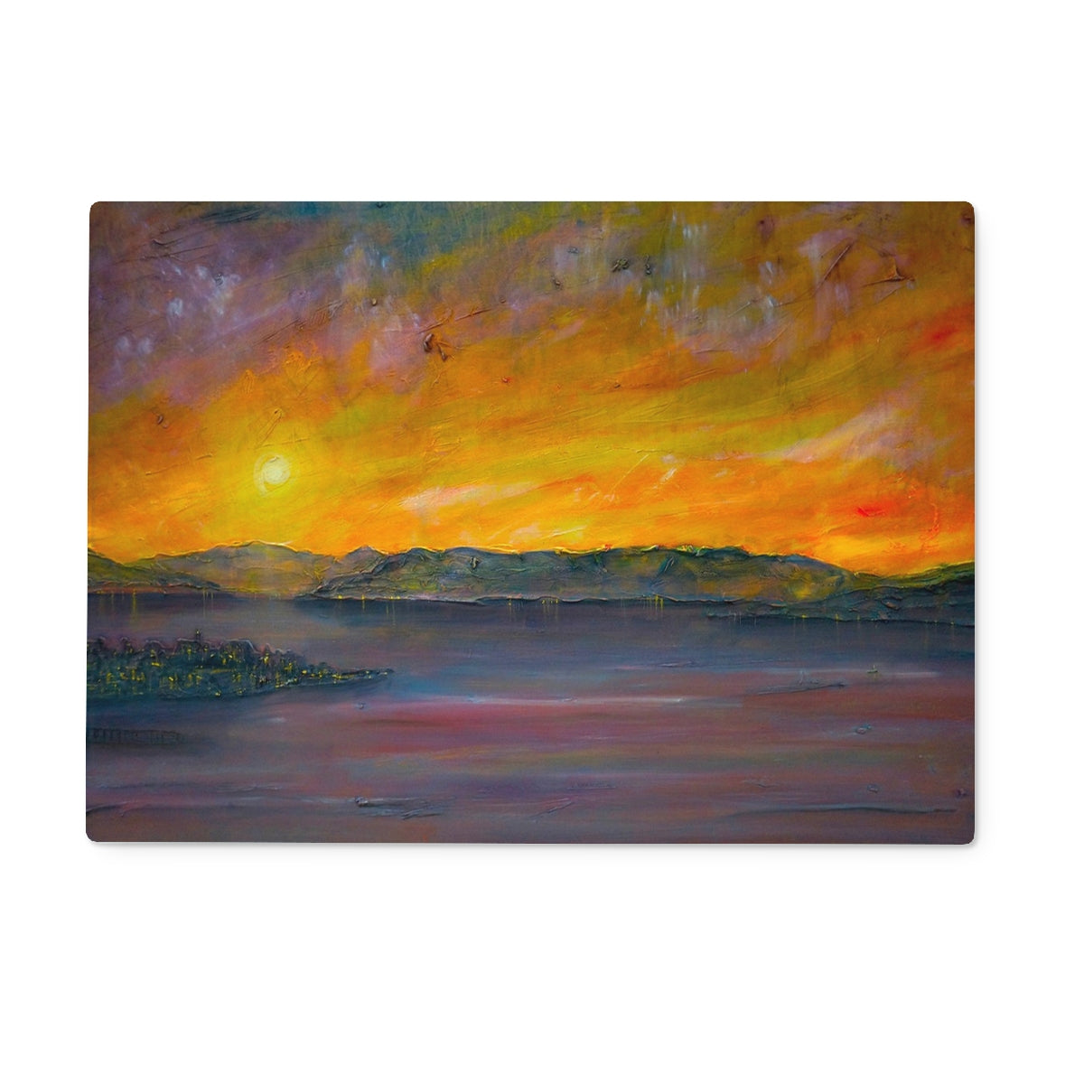 Sunset Over Gourock Art Gifts Glass Chopping Board-Glass Chopping Boards-River Clyde Art Gallery-15"x11" Rectangular-Paintings, Prints, Homeware, Art Gifts From Scotland By Scottish Artist Kevin Hunter