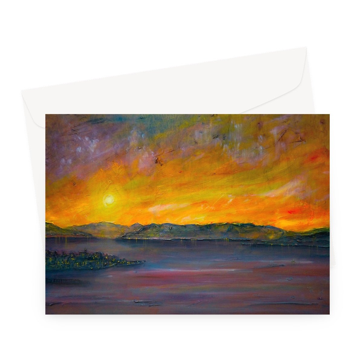 Sunset Over Gourock Art Gifts Greeting Card-Greetings Cards-River Clyde Art Gallery-A5 Landscape-1 Card-Paintings, Prints, Homeware, Art Gifts From Scotland By Scottish Artist Kevin Hunter