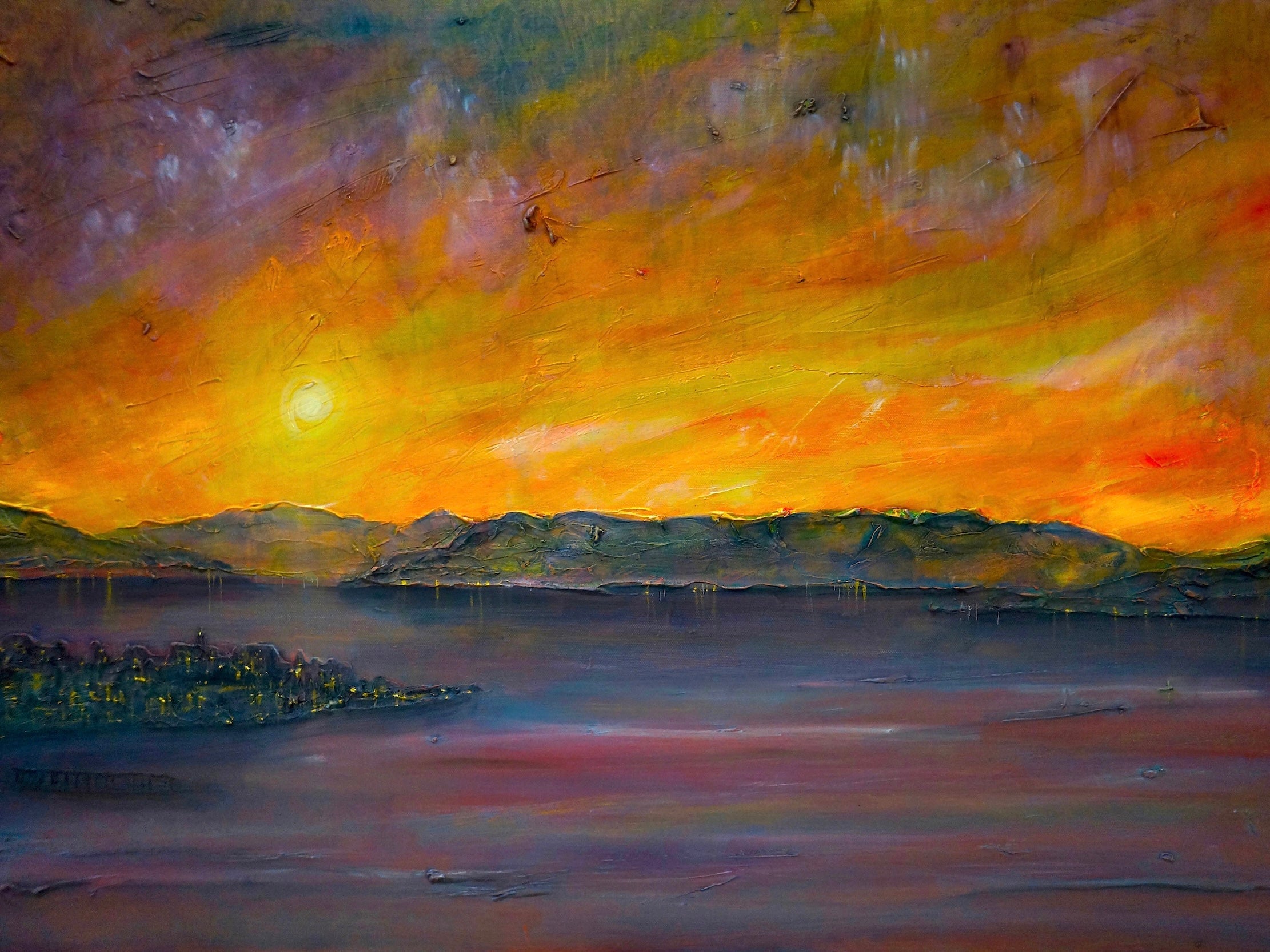Vibrant oil painting of a sunset over Gourock water with mountains and a small town