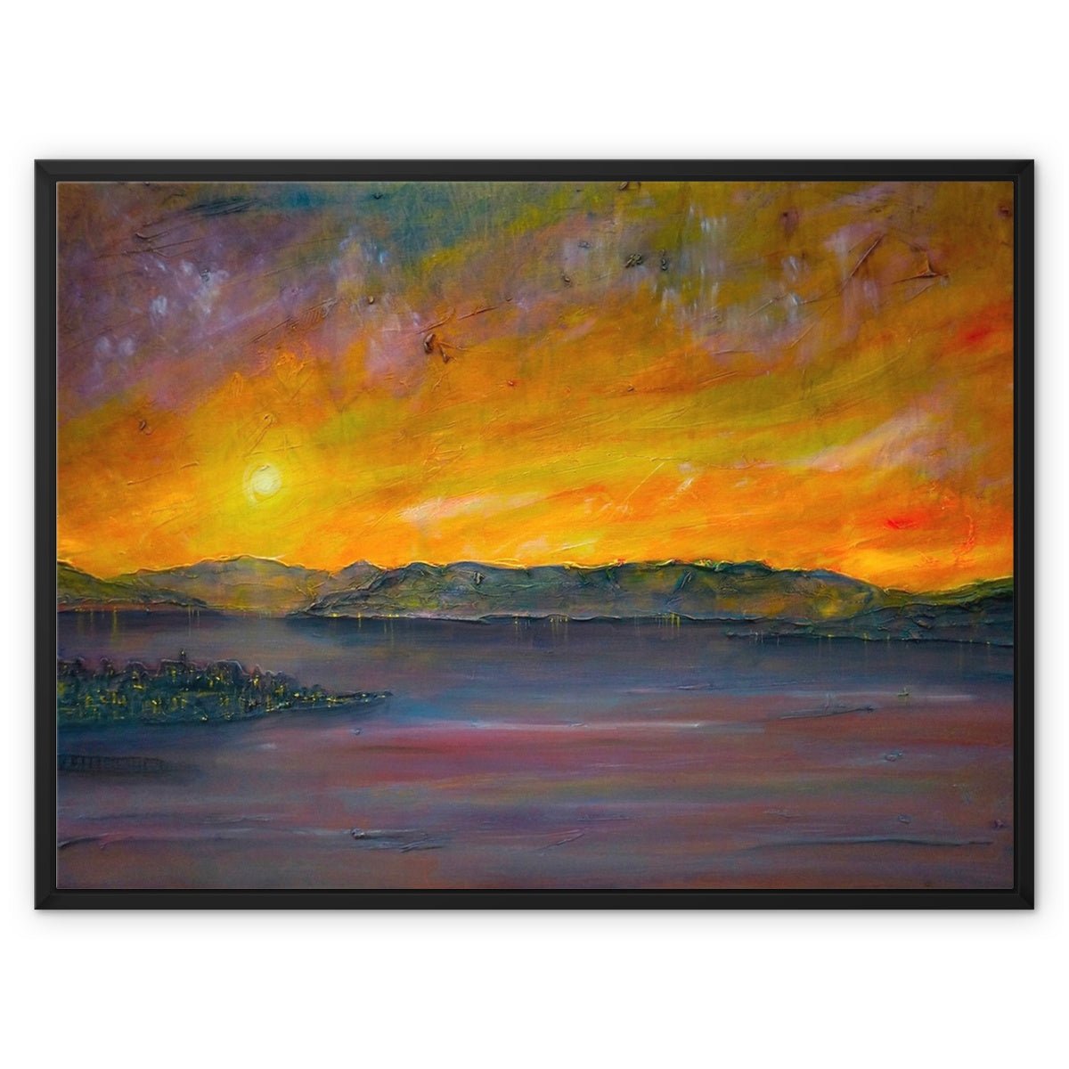 Sunset Over Gourock Painting | Framed Canvas From Scotland-Floating Framed Canvas Prints-River Clyde Art Gallery-32"x24"-Black Frame-Paintings, Prints, Homeware, Art Gifts From Scotland By Scottish Artist Kevin Hunter