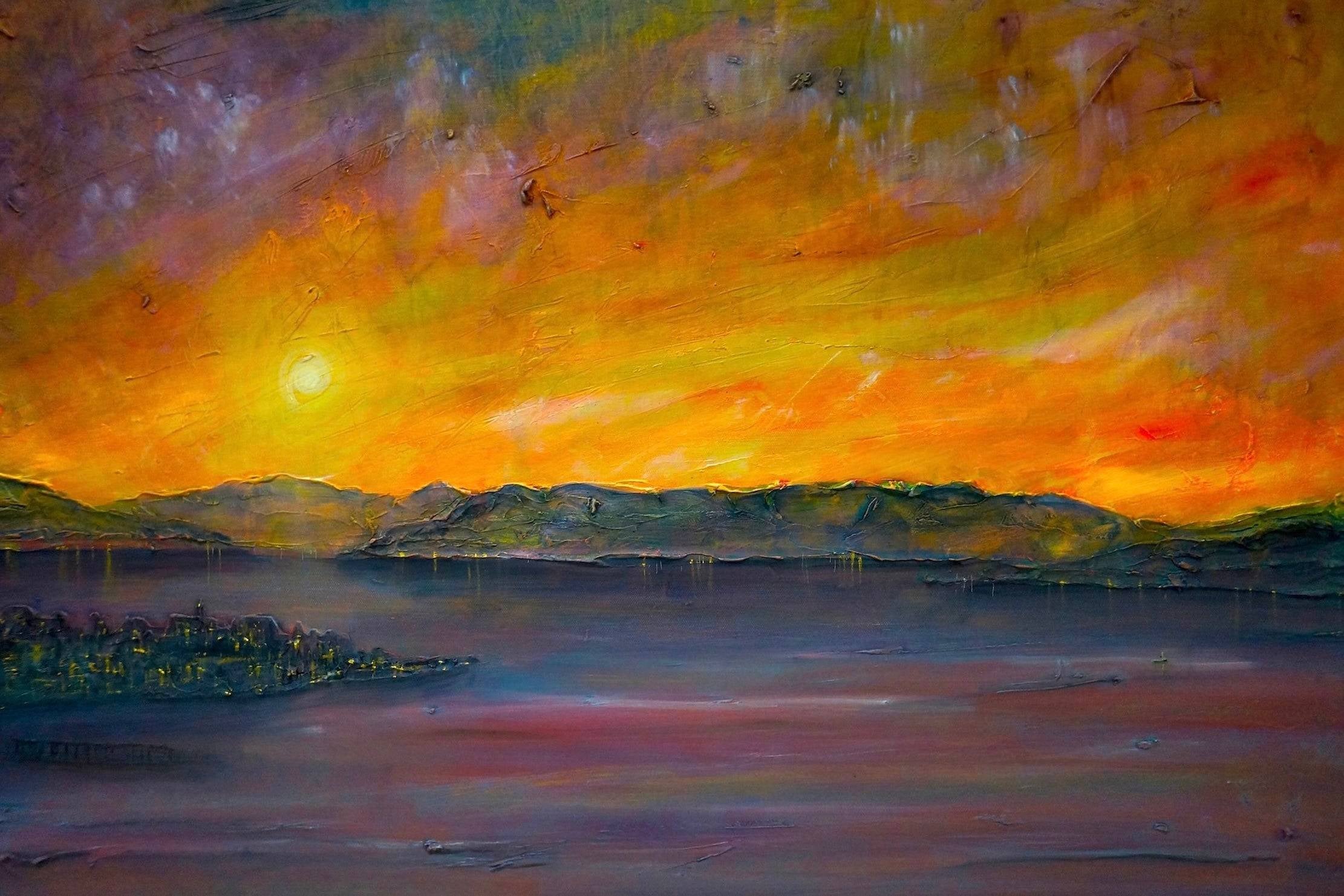 Abstract oil painting of a sunset over a lake with mountains for Sunset Over Gourock Wall Art