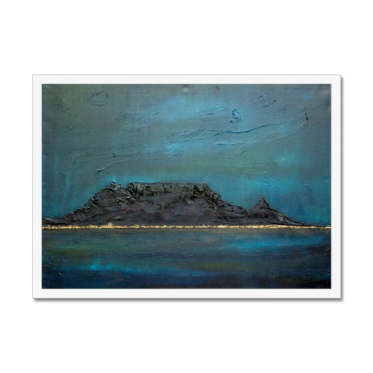 Table Mountain Dusk Painting | Framed Prints From Scotland-Framed Prints-World Art Gallery-A2 Landscape-White Frame-Paintings, Prints, Homeware, Art Gifts From Scotland By Scottish Artist Kevin Hunter