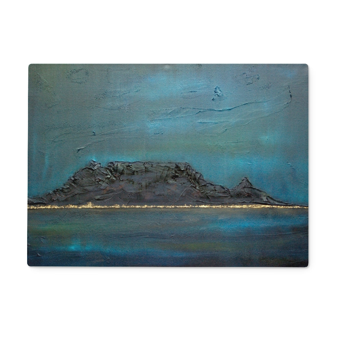 Blue and gray abstract Table Mountain painting on glass chopping board