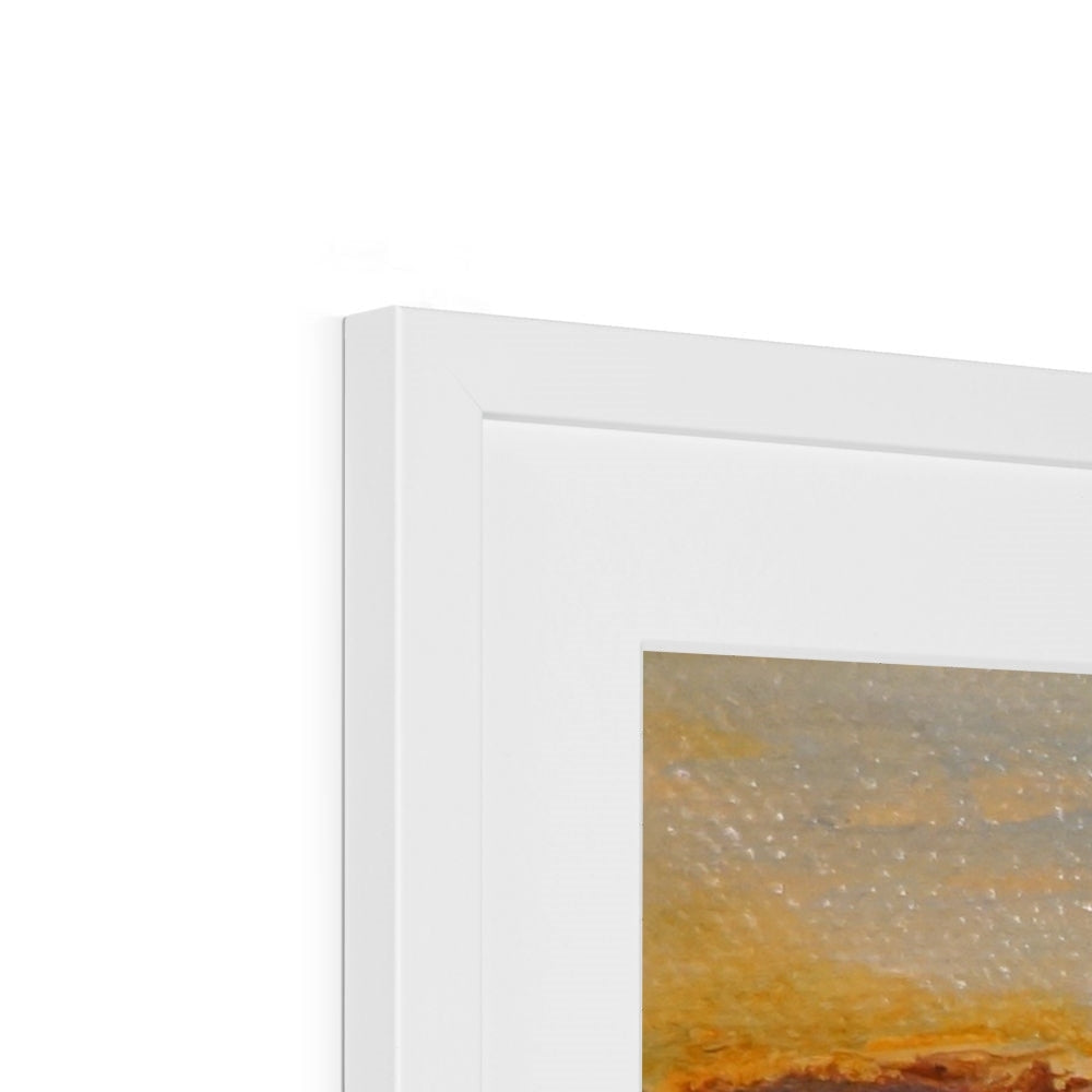White framed Talisker Bay art print of textured warm golden orange landscape