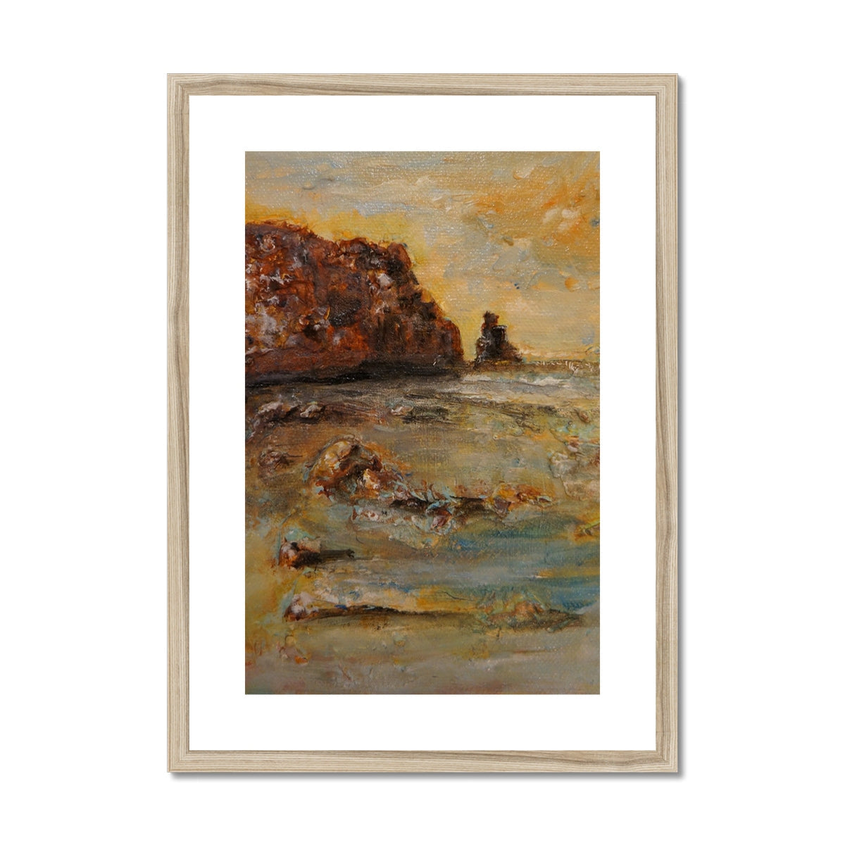 Framed oil painting of Talisker Bay coastal scene in warm earth tones