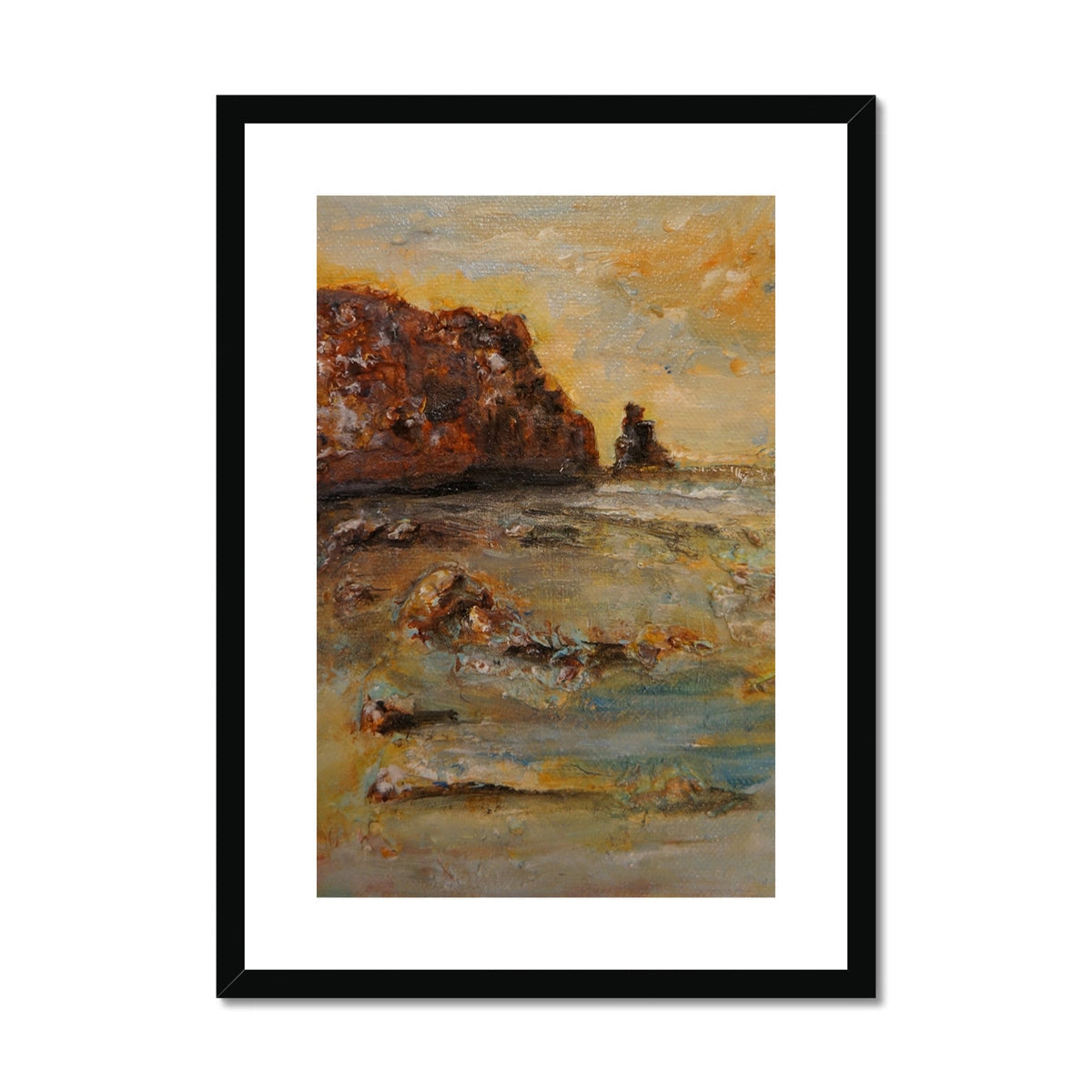 Framed oil painting of Talisker Bay coastal scene in earthy tones