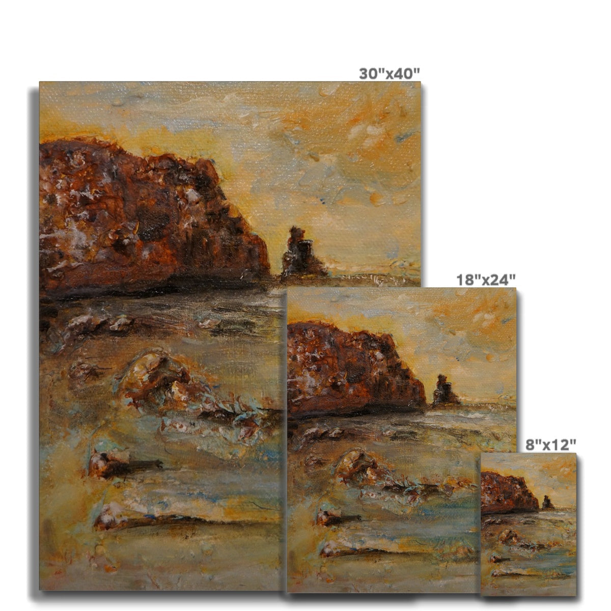 Talisker Bay canvas prints: three framed oil paintings of coastal cliffs and waves in warm earthy tones