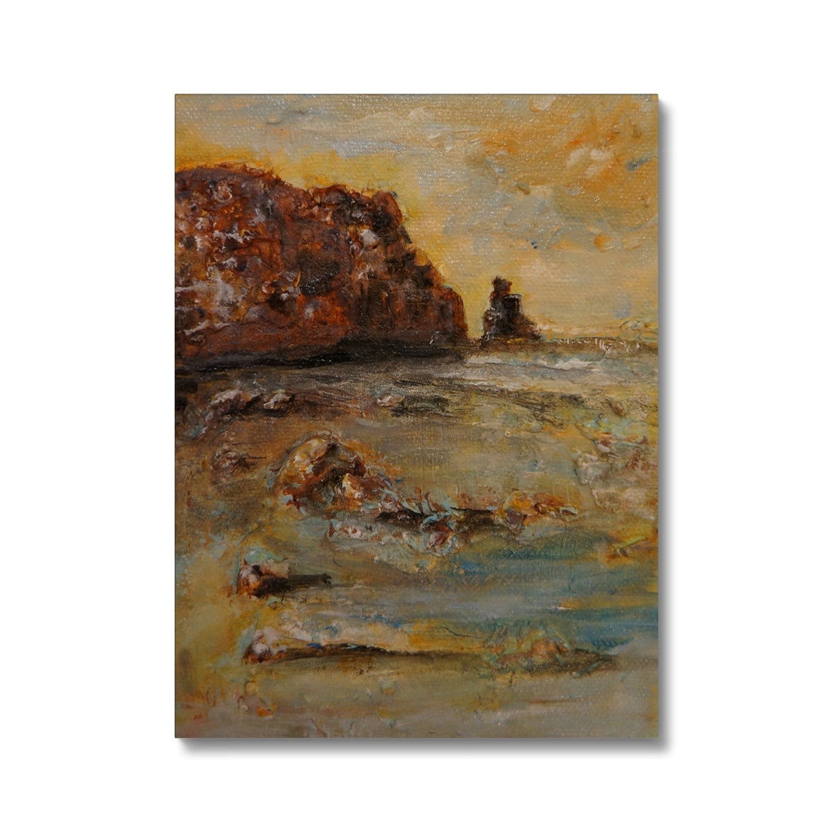 Warm-toned oil painting of Talisker Bay coastal scene in earthy hues