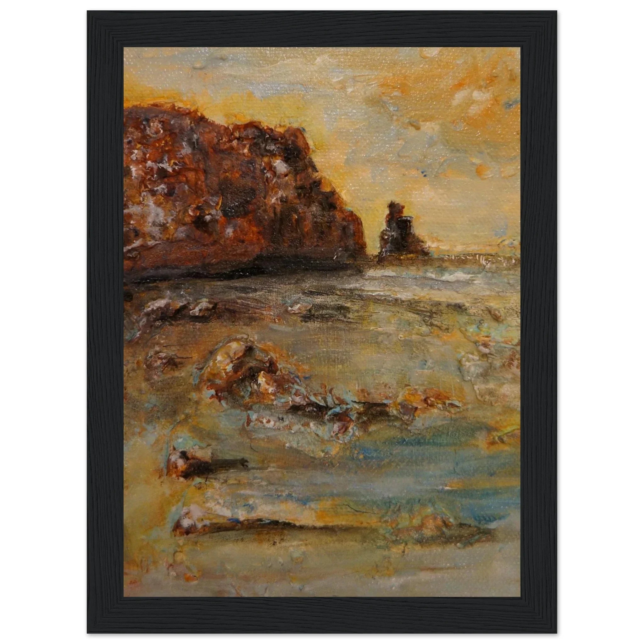 Framed oil painting of Talisker Bay coastal scene in warm earth tones