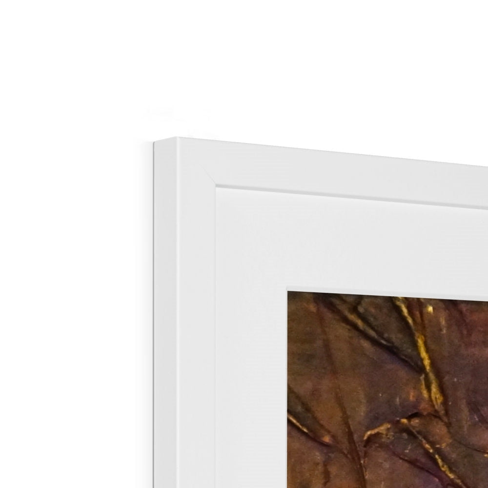 White framed Tam o Shanter Witches art print with earthy abstract design in golden brown hues