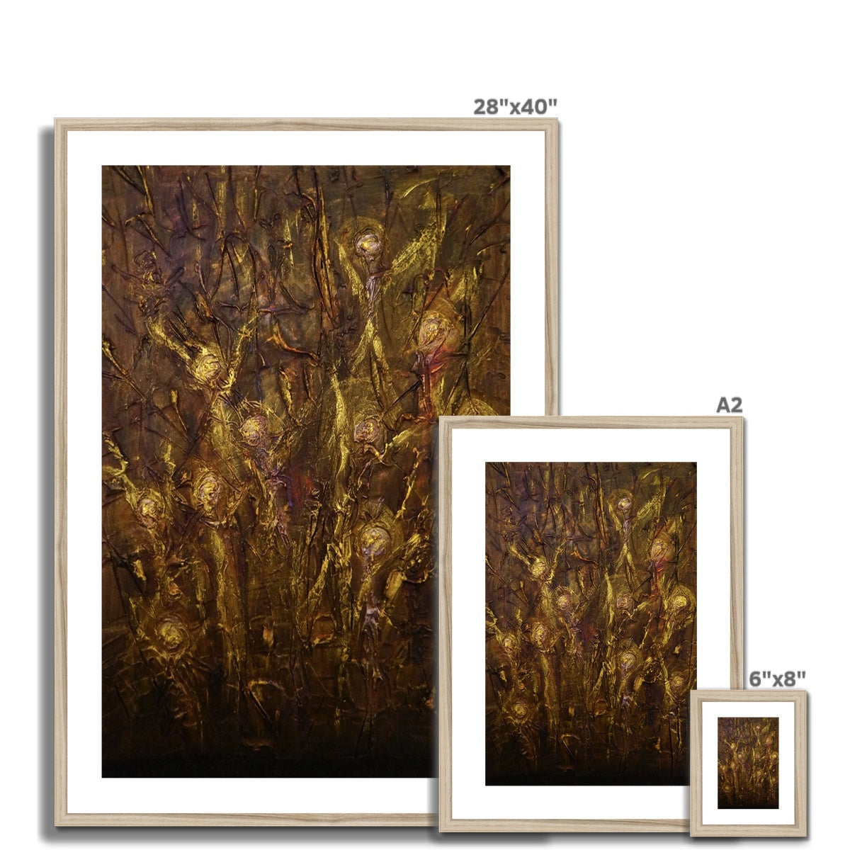 Framed Tam o Shanter Witches abstract print with golden glowing figures on dark brown background