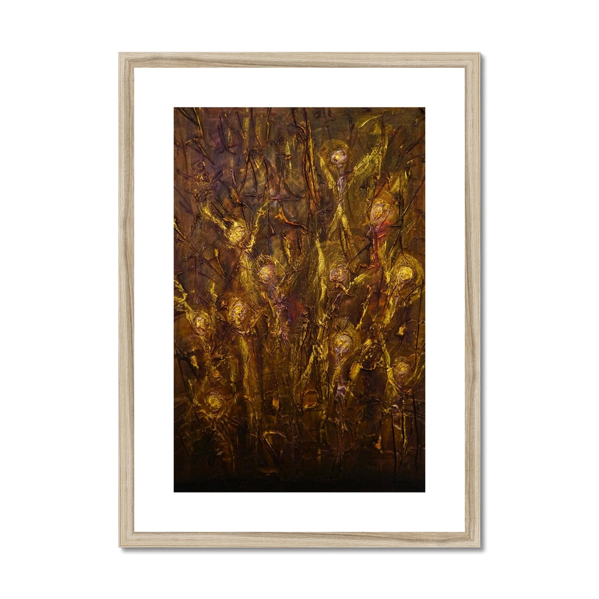 Framed Tam o Shanter Witches abstract art print with golden brown textured brushstrokes and glowing circles in light wood frame
