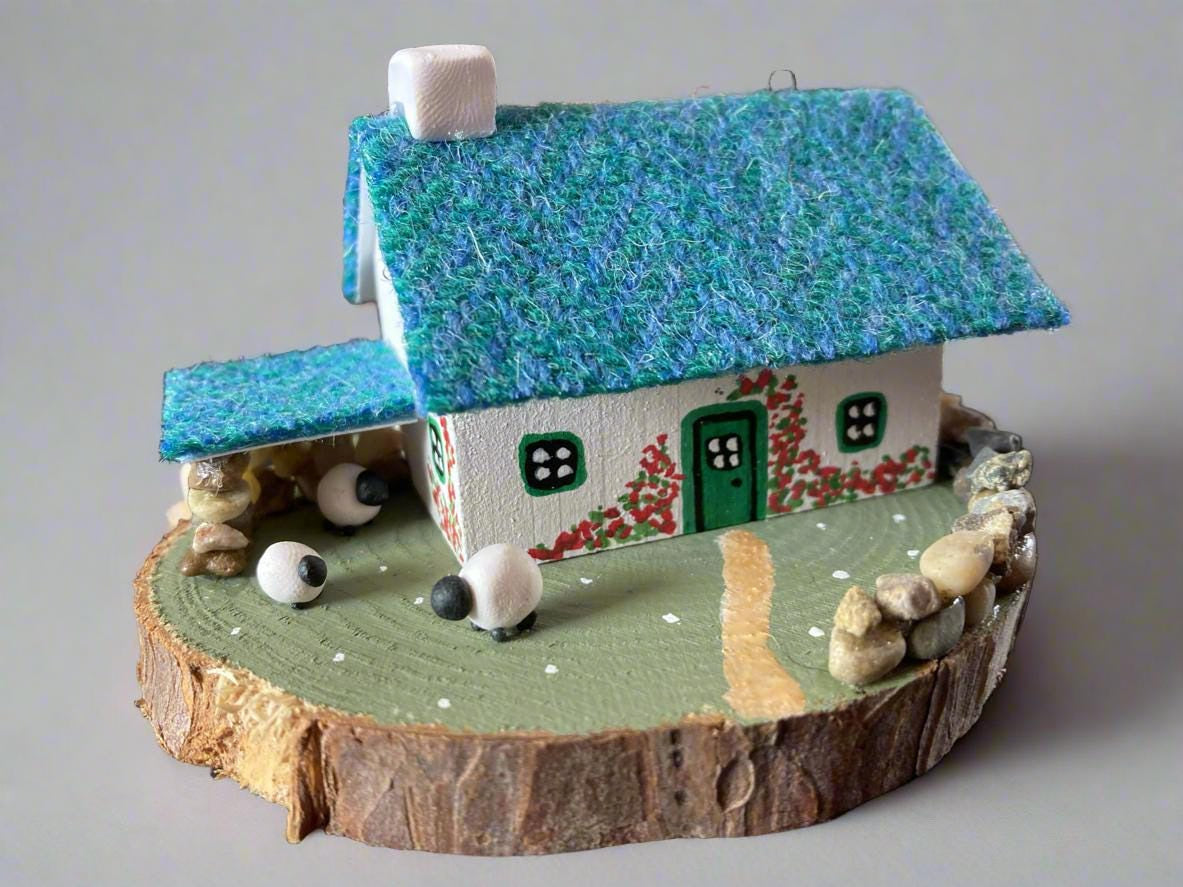 Miniature Scottish Bothy with Blue Roof, Painted Roses, and Three Sheep on Wooden Base