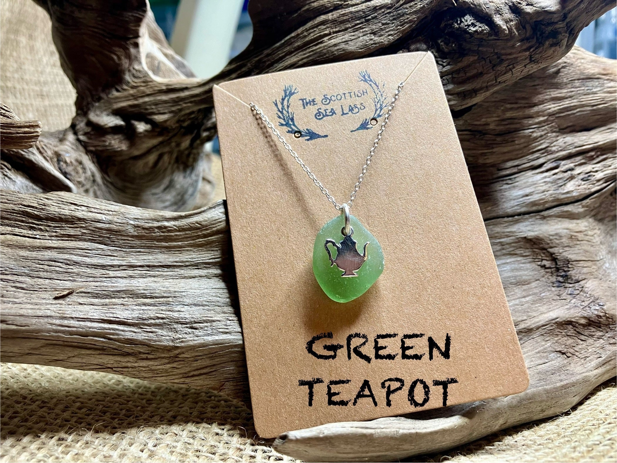 Silver chain necklace with light green Sea Glass pendant featuring a Teapot silhouette