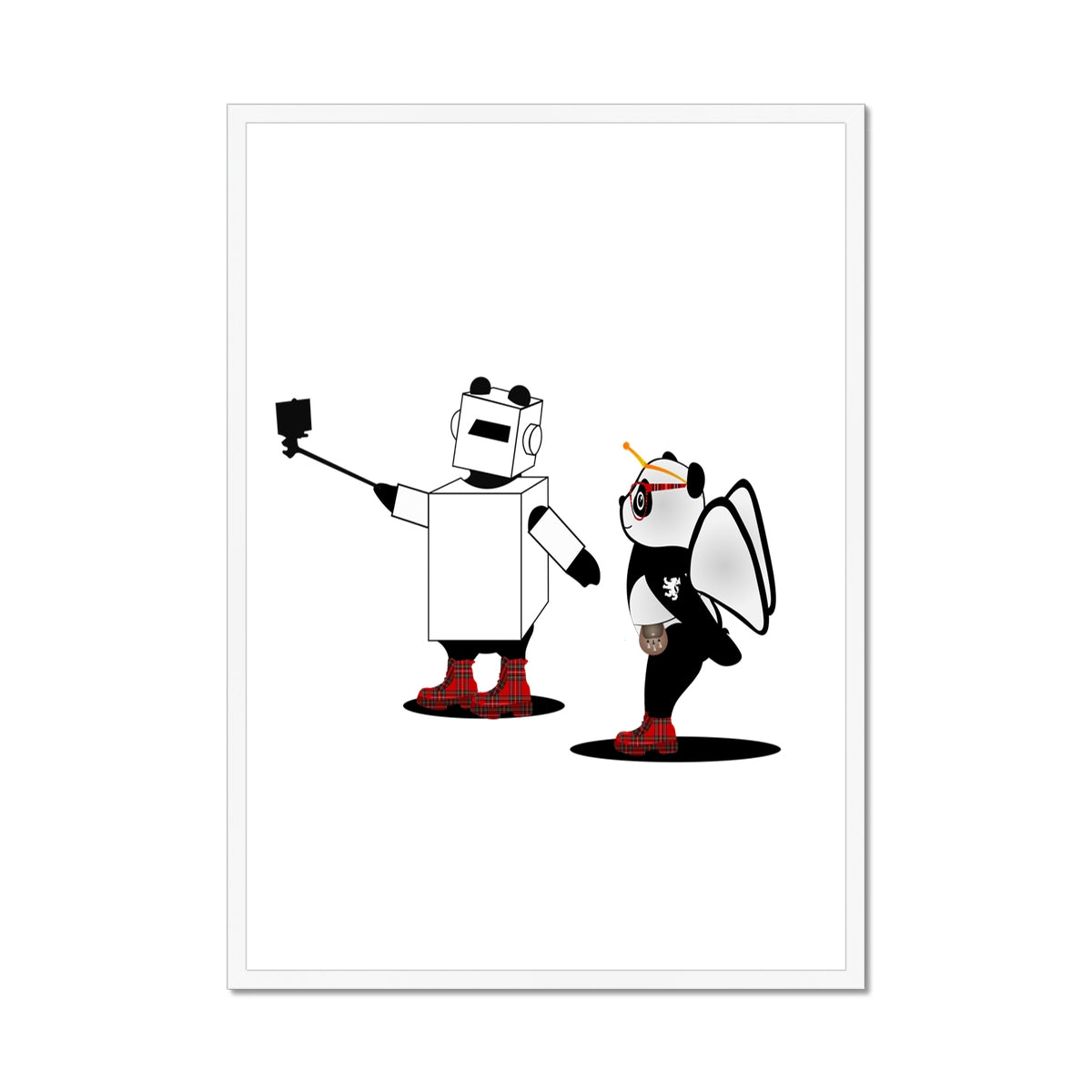 Techno Selfie | Panda Disco | Graphic Art | Framed Print-Framed Prints-Flipmo | Scottish Graphic Artist-A1 Portrait-White Frame-Paintings, Prints, Homeware, Art Gifts From Scotland By Scottish Artist Kevin Hunter