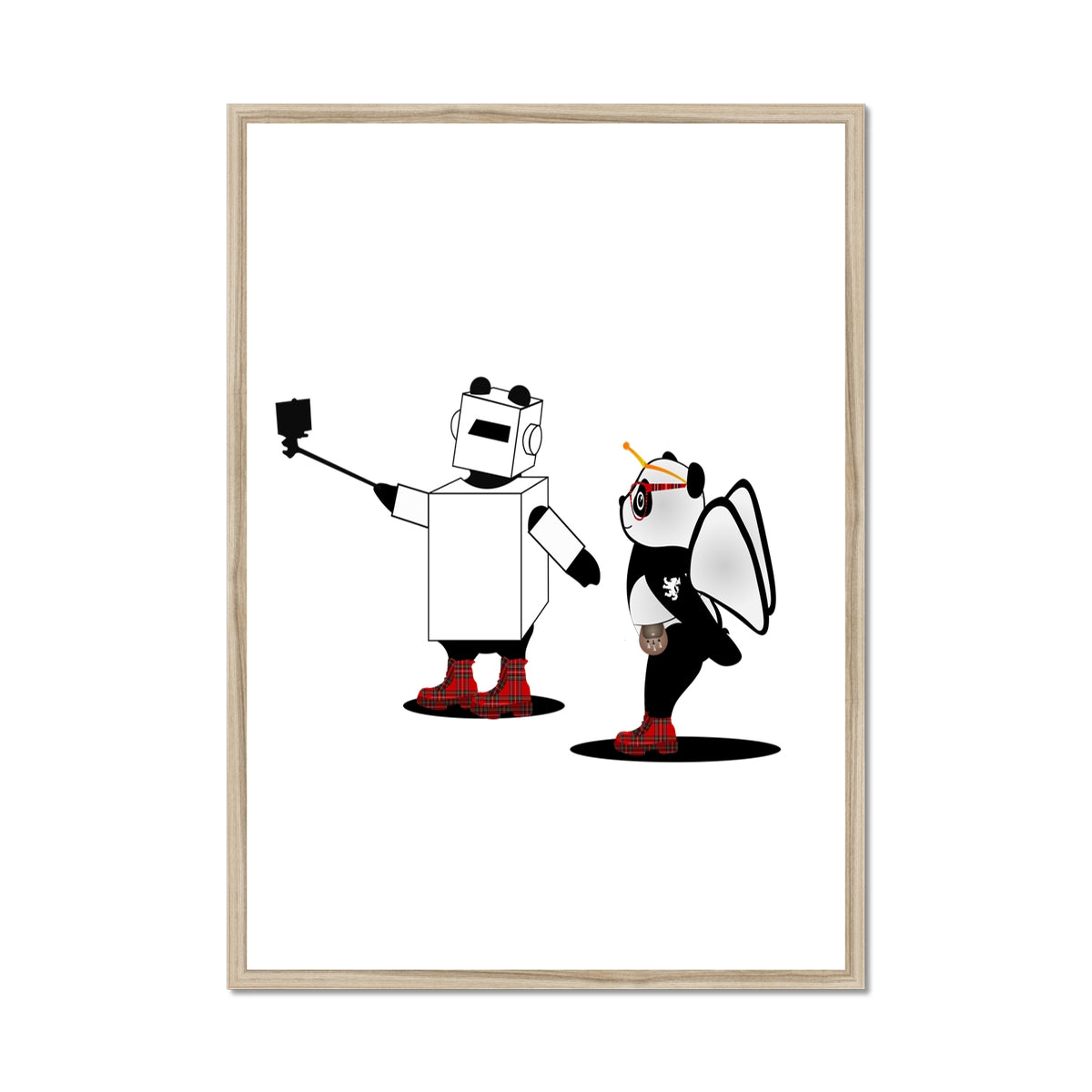 Techno Selfie | Panda Disco | Graphic Art | Framed Print-Flipmo Framed Prints-Flipmo | Scottish Graphic Artist-A1 Portrait-Natural Frame-Paintings, Prints, Homeware, Art Gifts From Scotland By Scottish Artist Kevin Hunter