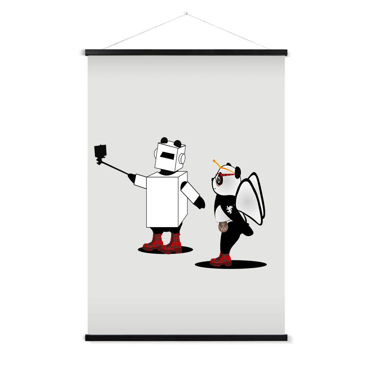 Techno Selfie | Panda Disco | Graphic Art Print with Hanger-Fine art-Flipmo | Scottish Graphic Artist-A1 Portrait-Black Frame-Paintings, Prints, Homeware, Art Gifts From Scotland By Scottish Artist Kevin Hunter