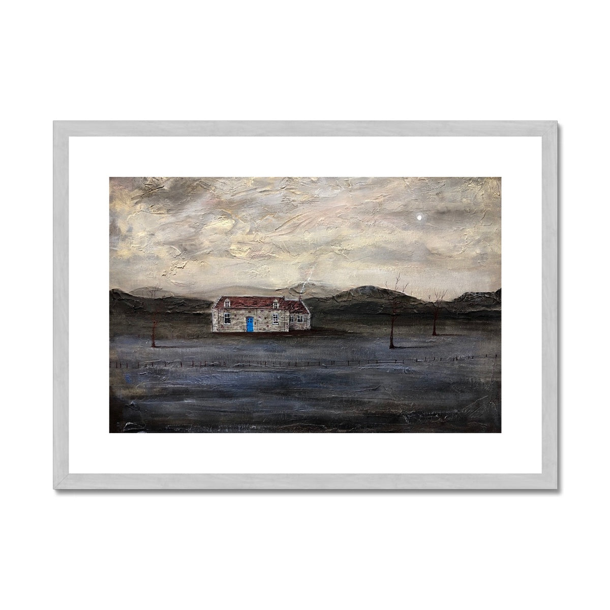 The Blue Door Burn Altmore Cottage Painting | Antique Framed & Mounted Prints From Scotland-Antique Framed & Mounted Prints-Scottish Highlands & Lowlands Art Gallery-A2 Landscape-Silver Frame-Paintings, Prints, Homeware, Art Gifts From Scotland By Scottish Artist Kevin Hunter