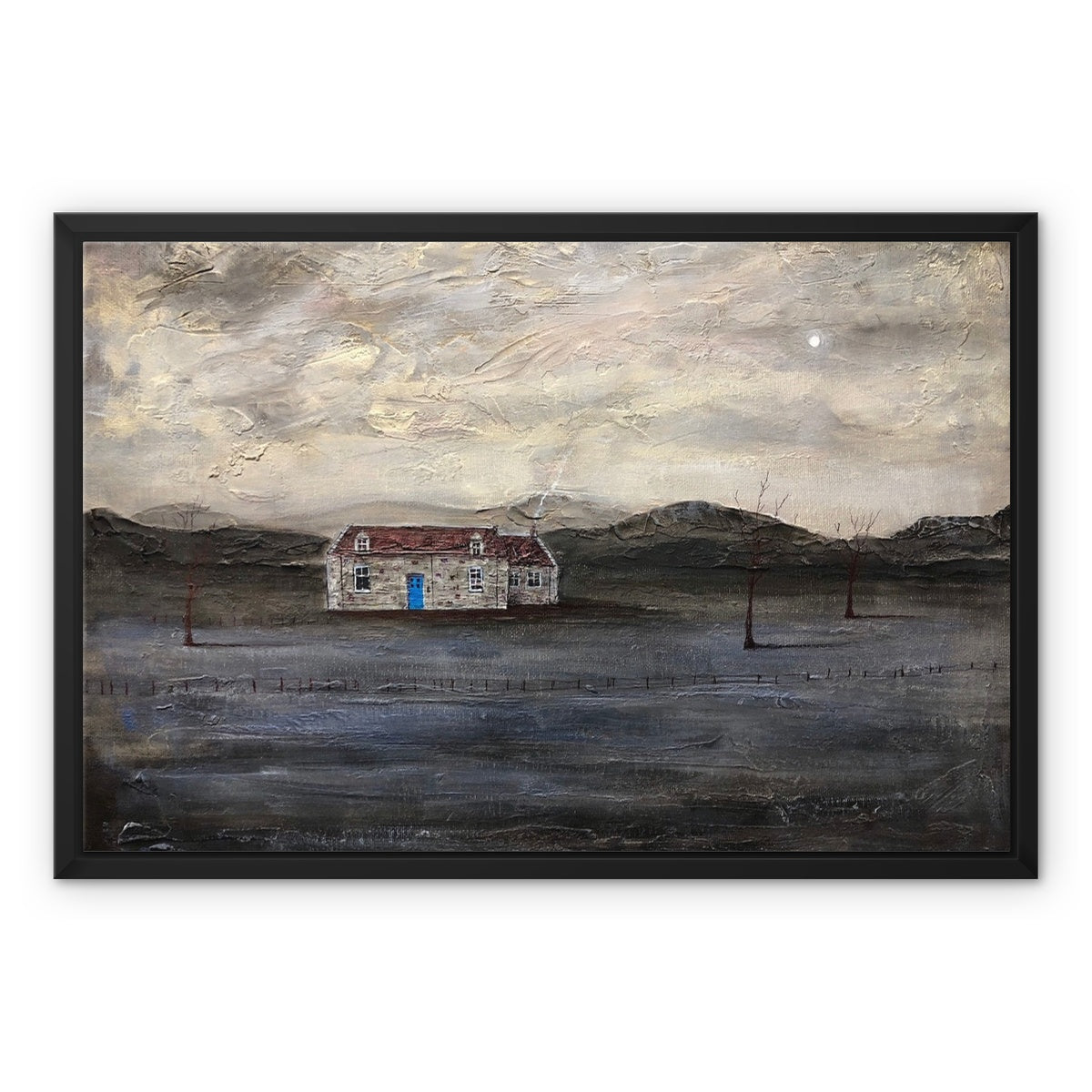The Blue Door Burn Altmore Cottage Painting | Framed Canvas From Scotland-Floating Framed Canvas Prints-Scottish Highlands & Lowlands Art Gallery-24"x18"-Black Frame-Paintings, Prints, Homeware, Art Gifts From Scotland By Scottish Artist Kevin Hunter