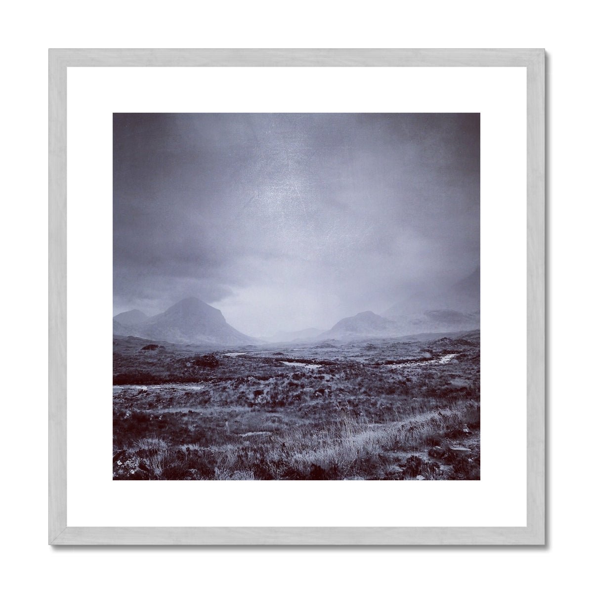 The Brooding Cuillin Skye Painting | Antique Framed & Mounted Prints From Scotland-Antique Framed & Mounted Prints-Skye Art Gallery-20"x20"-Silver Frame-Paintings, Prints, Homeware, Art Gifts From Scotland By Scottish Artist Kevin Hunter