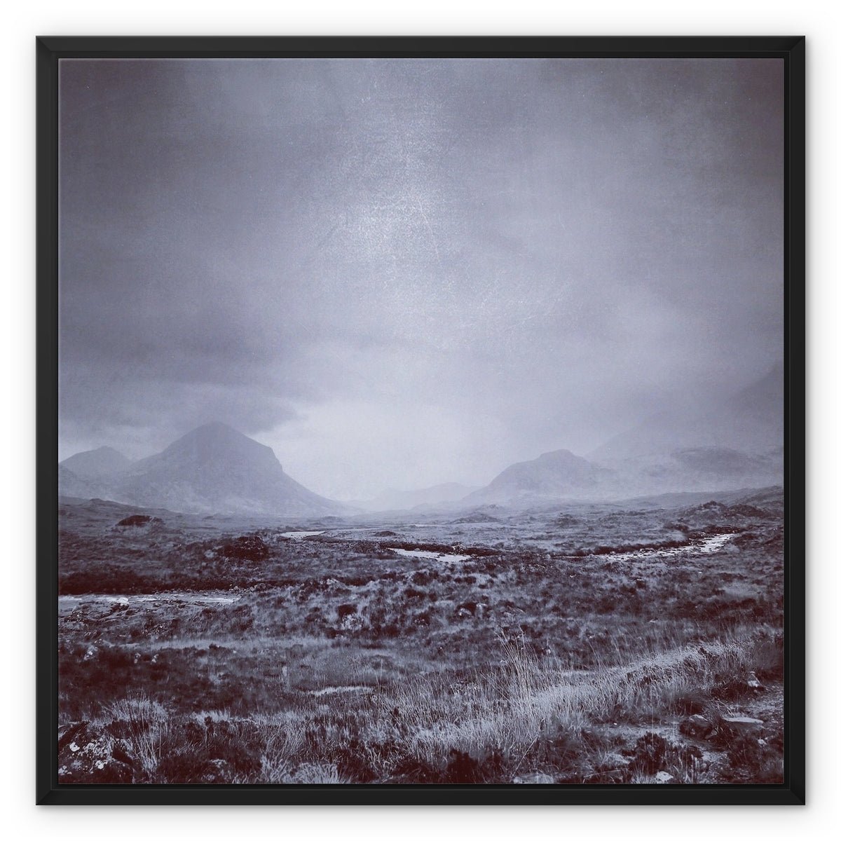 The Brooding Cuillin Skye Painting | Framed Canvas From Scotland-Floating Framed Canvas Prints-Skye Art Gallery-24"x24"-Black Frame-Paintings, Prints, Homeware, Art Gifts From Scotland By Scottish Artist Kevin Hunter