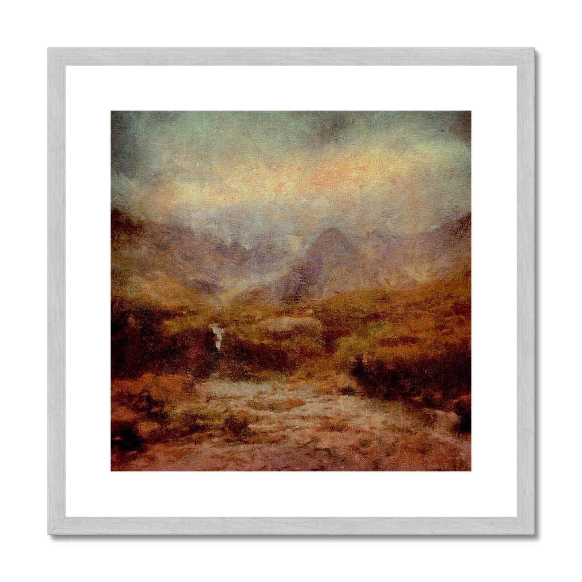 The Brooding Fairy Pools Skye Painting | Antique Framed & Mounted Prints From Scotland-Antique Framed & Mounted Prints-Skye Art Gallery-20"x20"-Silver Frame-Paintings, Prints, Homeware, Art Gifts From Scotland By Scottish Artist Kevin Hunter