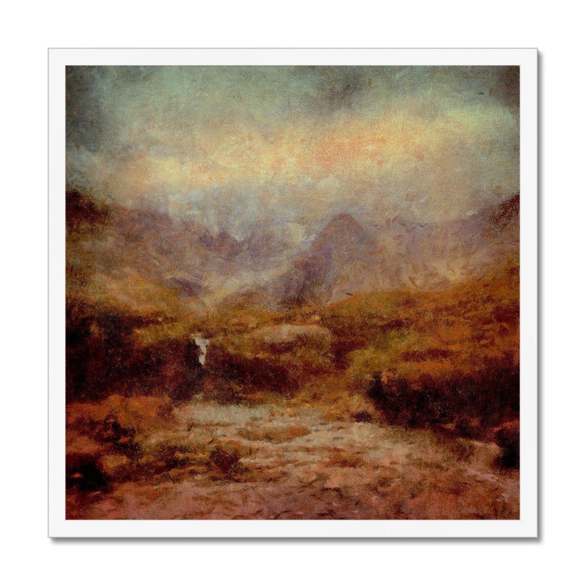 The Brooding Fairy Pools Skye Painting | Framed Prints From Scotland-Framed Prints-Skye Art Gallery-20"x20"-White Frame-Paintings, Prints, Homeware, Art Gifts From Scotland By Scottish Artist Kevin Hunter