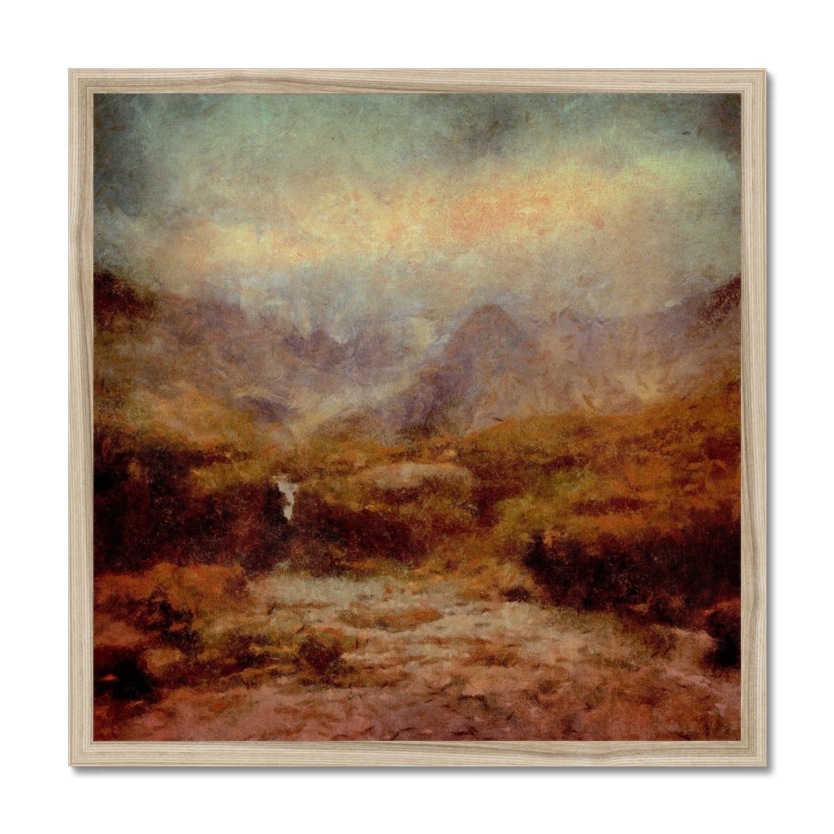 The Brooding Fairy Pools Skye Painting | Framed Prints From Scotland-Framed Prints-Skye Art Gallery-20"x20"-Natural Frame-Paintings, Prints, Homeware, Art Gifts From Scotland By Scottish Artist Kevin Hunter