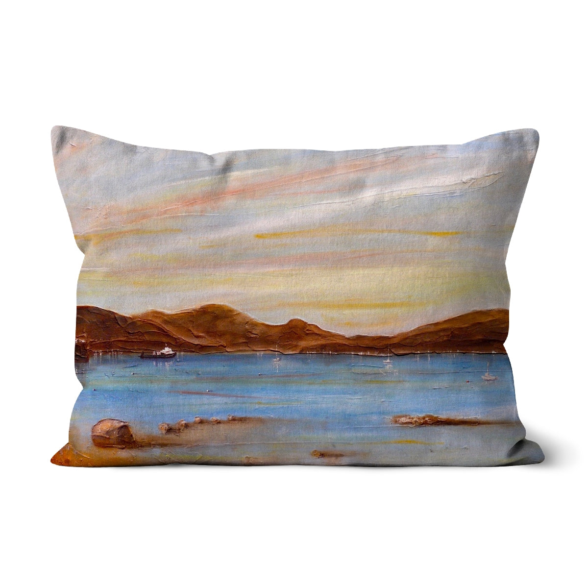 The Last Ferry To Dunoon Art Gifts Cushion-Cushions-River Clyde Art Gallery-Linen-19"x13"-Paintings, Prints, Homeware, Art Gifts From Scotland By Scottish Artist Kevin Hunter