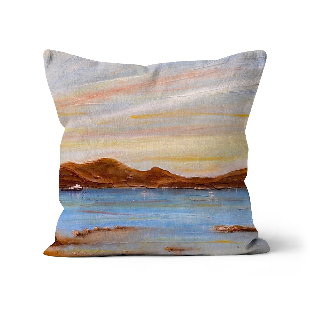 The Last Ferry To Dunoon Art Gifts Cushion-Cushions-River Clyde Art Gallery-Faux Suede-16"x16"-Paintings, Prints, Homeware, Art Gifts From Scotland By Scottish Artist Kevin Hunter