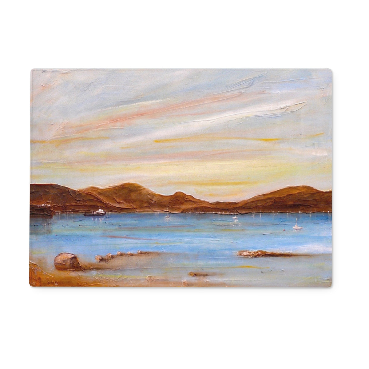 The Last Ferry To Dunoon Art Gifts Glass Chopping Board-Glass Chopping Boards-River Clyde Art Gallery-15"x11" Rectangular-Paintings, Prints, Homeware, Art Gifts From Scotland By Scottish Artist Kevin Hunter