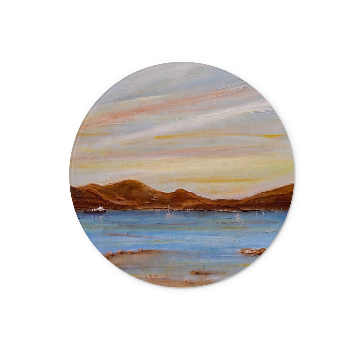The Last Ferry To Dunoon Art Gifts Glass Chopping Board-Glass Chopping Boards-River Clyde Art Gallery-12" Round-Paintings, Prints, Homeware, Art Gifts From Scotland By Scottish Artist Kevin Hunter