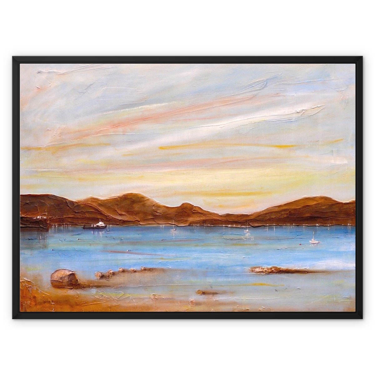 The Last Ferry To Dunoon Painting | Framed Canvas From Scotland-Floating Framed Canvas Prints-River Clyde Art Gallery-32"x24"-Black Frame-Paintings, Prints, Homeware, Art Gifts From Scotland By Scottish Artist Kevin Hunter