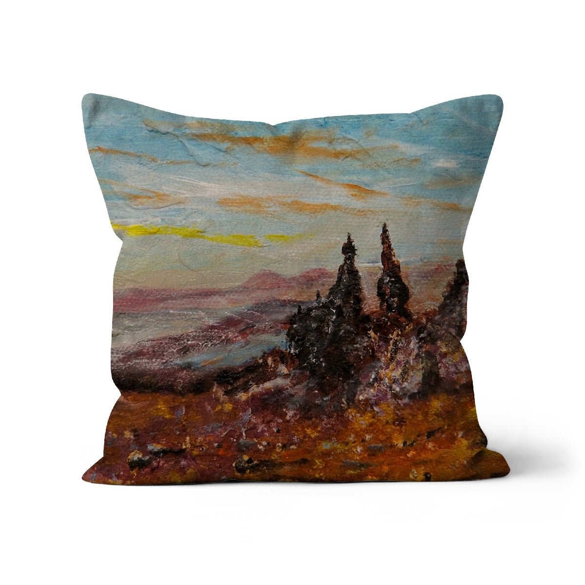 The Old Man Of Storr Skye Art Gifts Cushion-Cushions-Skye Art Gallery-Faux Suede-22"x22"-Paintings, Prints, Homeware, Art Gifts From Scotland By Scottish Artist Kevin Hunter