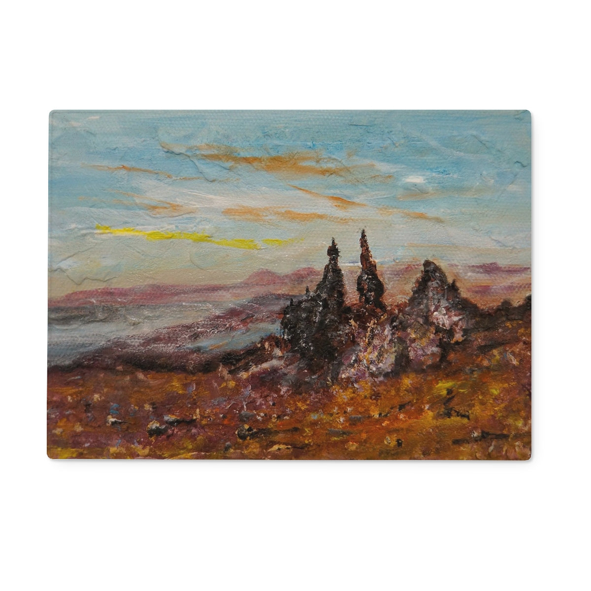The Old Man Of Storr Skye Art Gifts Glass Chopping Board-Glass Chopping Boards-Skye Art Gallery-15"x11" Rectangular-Paintings, Prints, Homeware, Art Gifts From Scotland By Scottish Artist Kevin Hunter