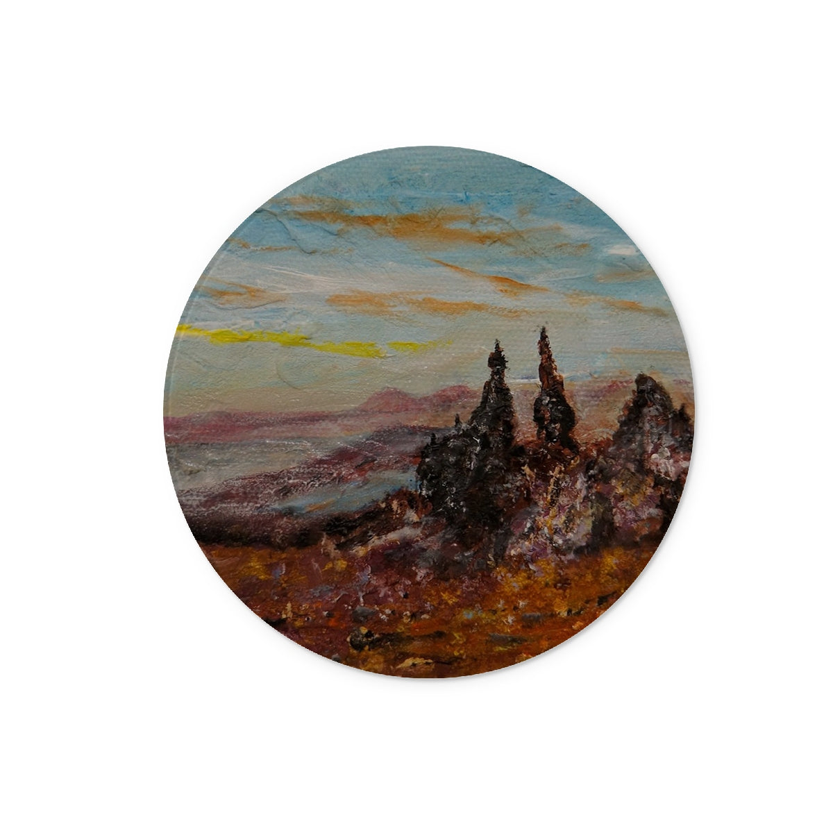 The Old Man Of Storr Skye Art Gifts Glass Chopping Board-Glass Chopping Boards-Skye Art Gallery-12" Round-Paintings, Prints, Homeware, Art Gifts From Scotland By Scottish Artist Kevin Hunter