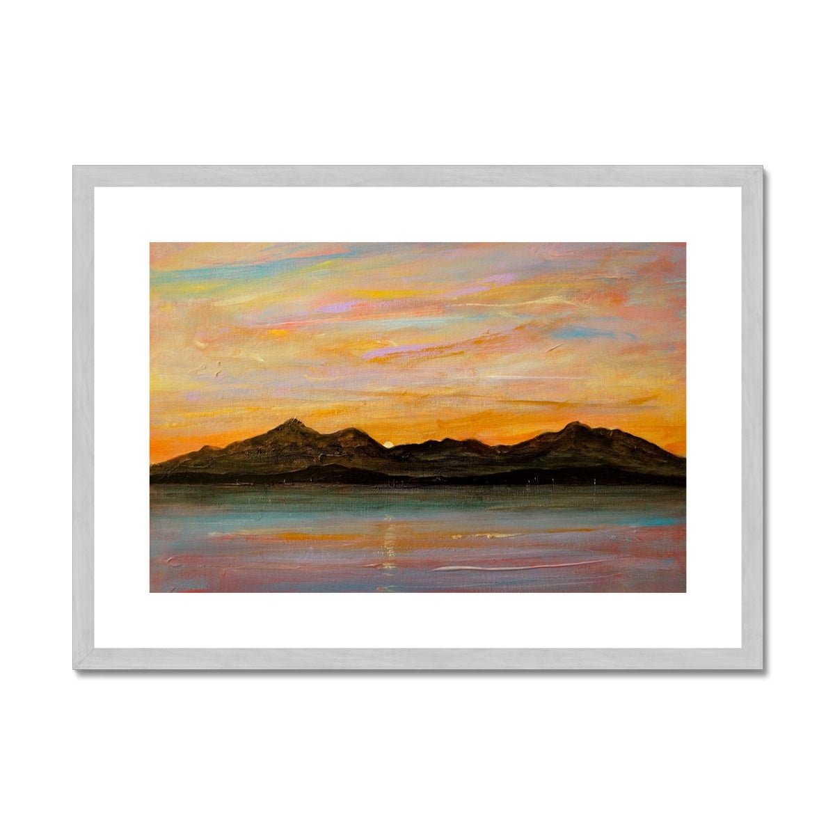The Sleeping Warrior Arran Painting | Antique Framed & Mounted Prints From Scotland-Antique Framed & Mounted Prints-Arran Art Gallery-A2 Landscape-Silver Frame-Paintings, Prints, Homeware, Art Gifts From Scotland By Scottish Artist Kevin Hunter