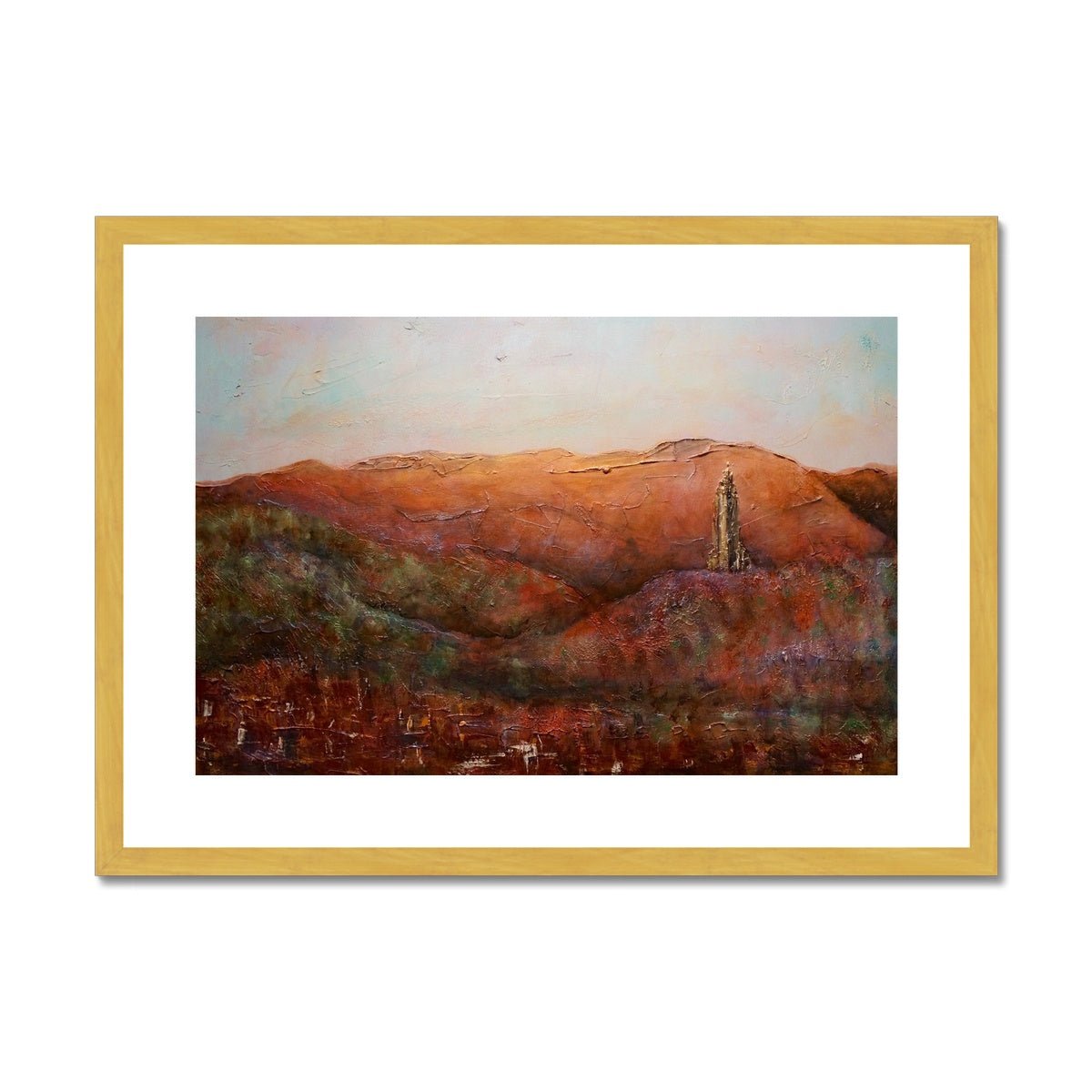 The Wallace Monument Painting | Antique Framed & Mounted Prints From Scotland-Antique Framed & Mounted Prints-Historic & Iconic Scotland Art Gallery-A2 Landscape-Gold Frame-Paintings, Prints, Homeware, Art Gifts From Scotland By Scottish Artist Kevin Hunter