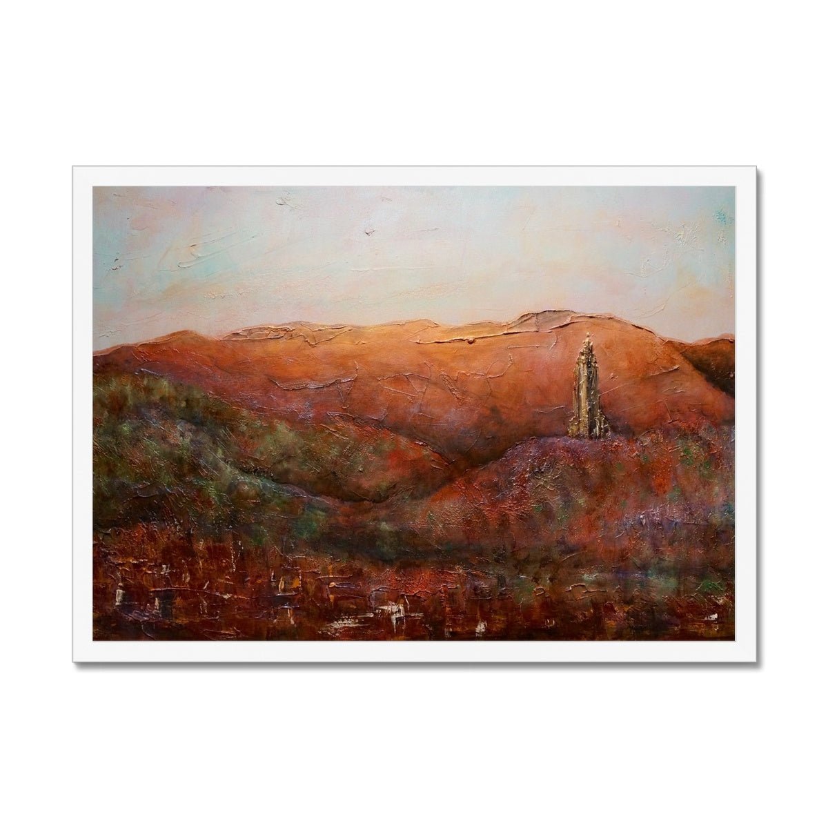 The Wallace Monument Painting | Framed Prints From Scotland-Framed Prints-Historic & Iconic Scotland Art Gallery-A2 Landscape-White Frame-Paintings, Prints, Homeware, Art Gifts From Scotland By Scottish Artist Kevin Hunter